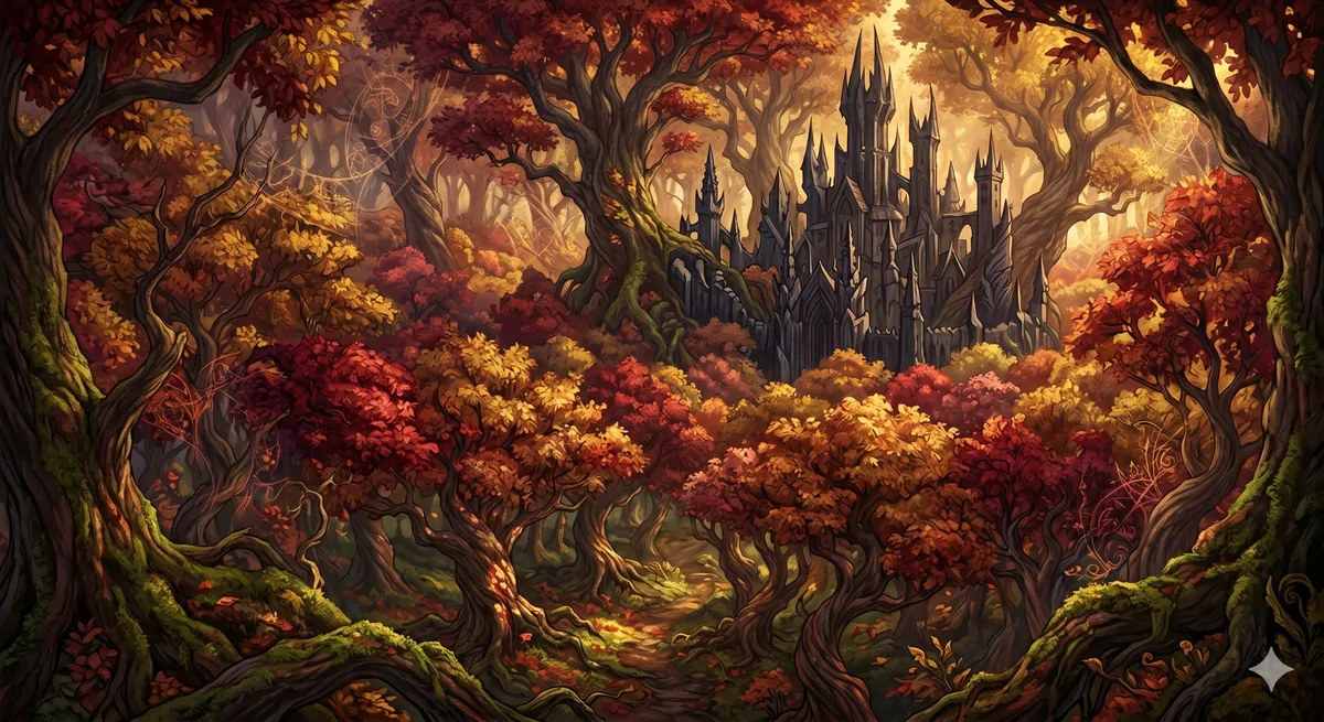 A dense forest canopy of crimson and gold leaves, concealing a dark, jagged fortress within its beautiful, autumnal depths.